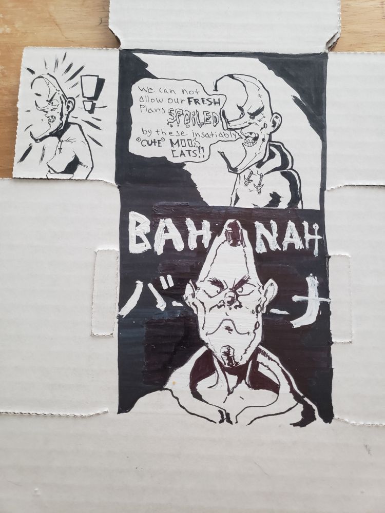 Ink illustration by Sosadillatron on a card box of a Bah-Nah, a Banana man.
