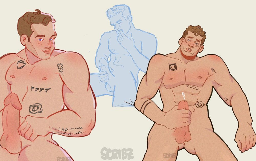 On the left, drawing of naked buck, in the middle a sketch that's blue of Buck masturbating while licking his hand, and on the right another drawing of Buck masturbating as he leans back 