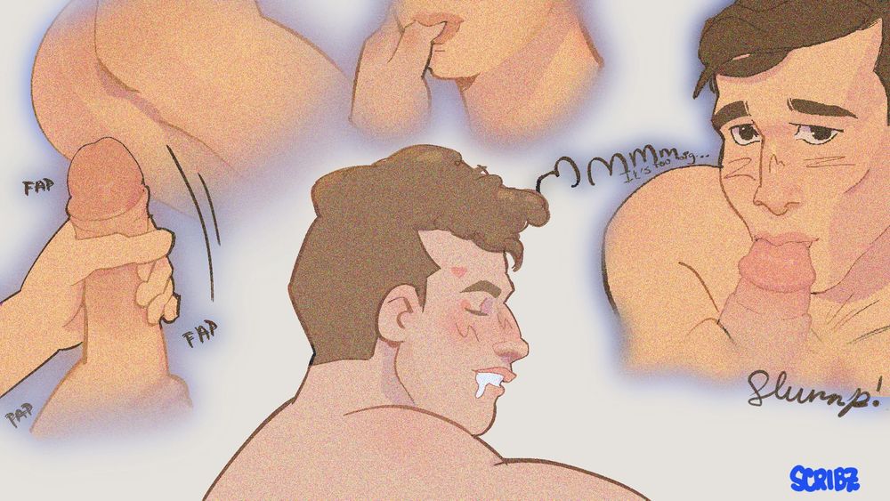 nsfw art of buck (in the middle) dreaming about eddie jerking off (left), his ass (top left), Eddie sucking his finger (middle), and eddie sucking him off (right)