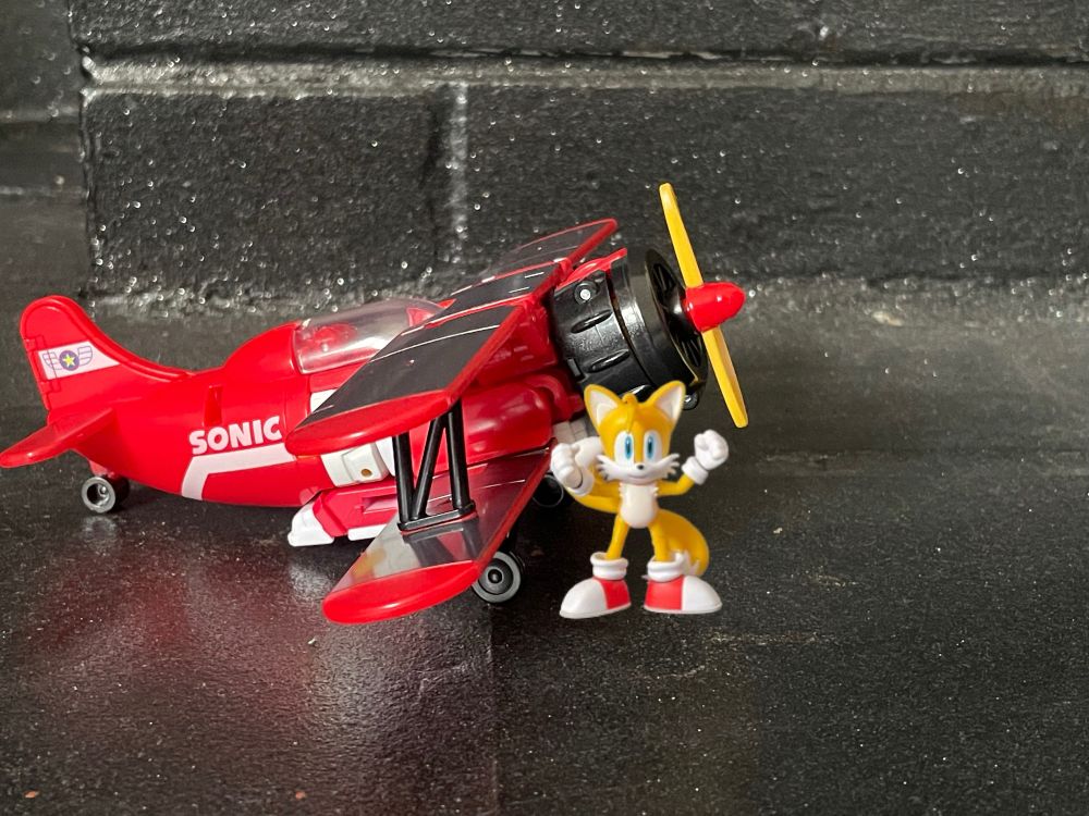 Miles “tails” prower the fox jakks pacific figure in front of a red bi-plane the tornado
Actually is the transformers collaborative figure wingtail in alt mode toyphotography 
