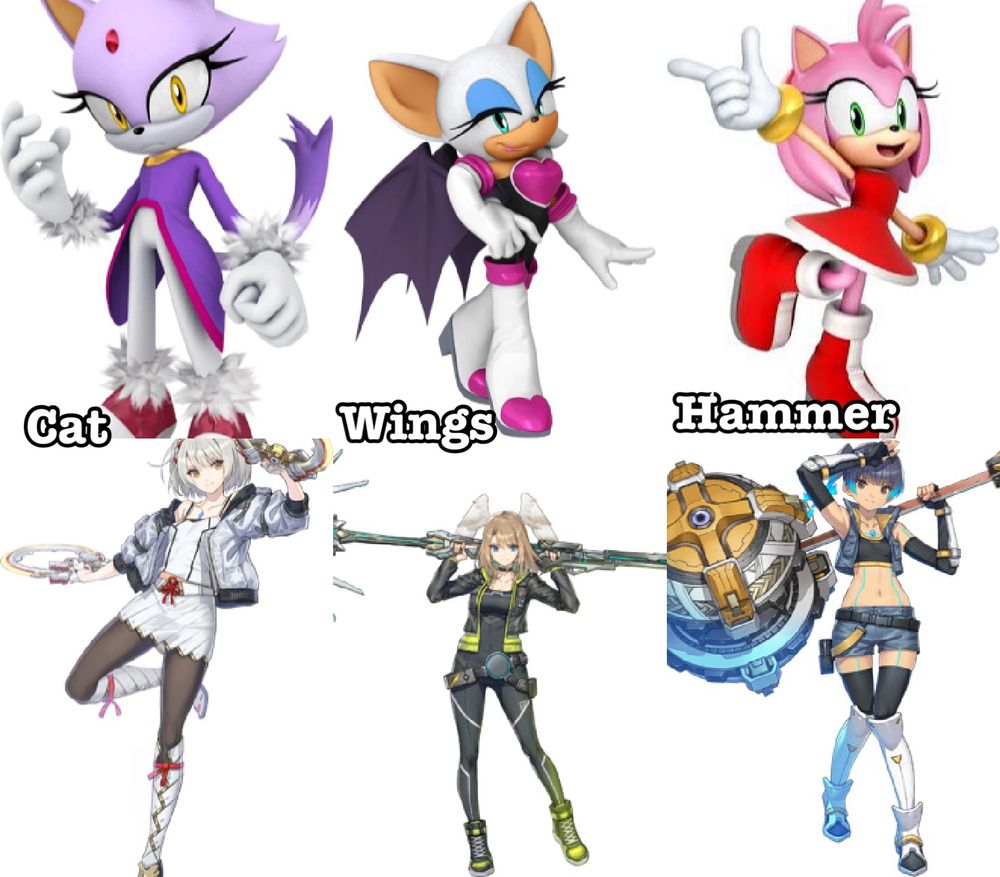 Picture of blaze the cat, rouge the bat, and Amy rose comparing them to Mio, Eunie and sena from Xenoblade chronicles 3 with text of “cat, wings and hammer”