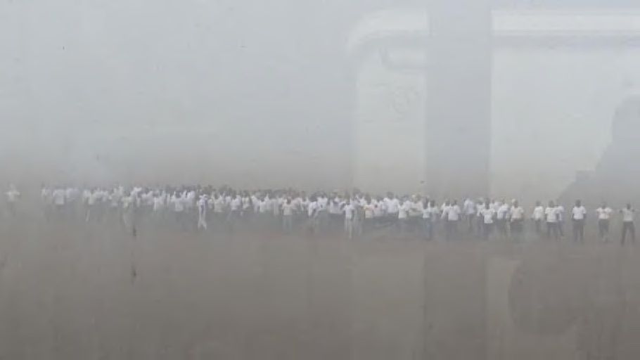 Gorillas mit weißen Shirts und Balaclava im Nebel