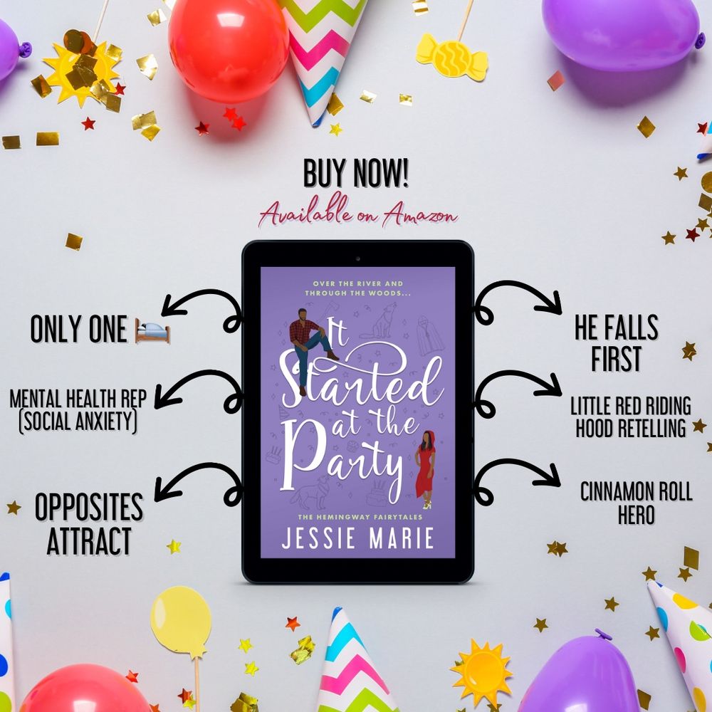image with my e-book, it started at the party, in the middle. around the border of the image, there are balloons, confetti, and party hats of various colors. right above the e-book image, it says, “buy now!” in black uppercase print font, then “available on amazon” in red cursive font below the buy now. on the left side of the e-book image, there are three tropes - only one bed, mental health rep (social anxiety), and opposites attract - with arrows pointing toward the tropes. on the right side of the e-book image, there are three tropes - he falls first, little red riding hood retelling, and cinnamon roll hero - with arrows pointing toward the tropes. 