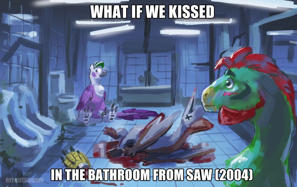 Taxraptor and Work Compsognathus in opposite sides of the Saw bathroom. Dead body with blood in the middle. Severed Compsonathus foot next to it. Lots of urinals.