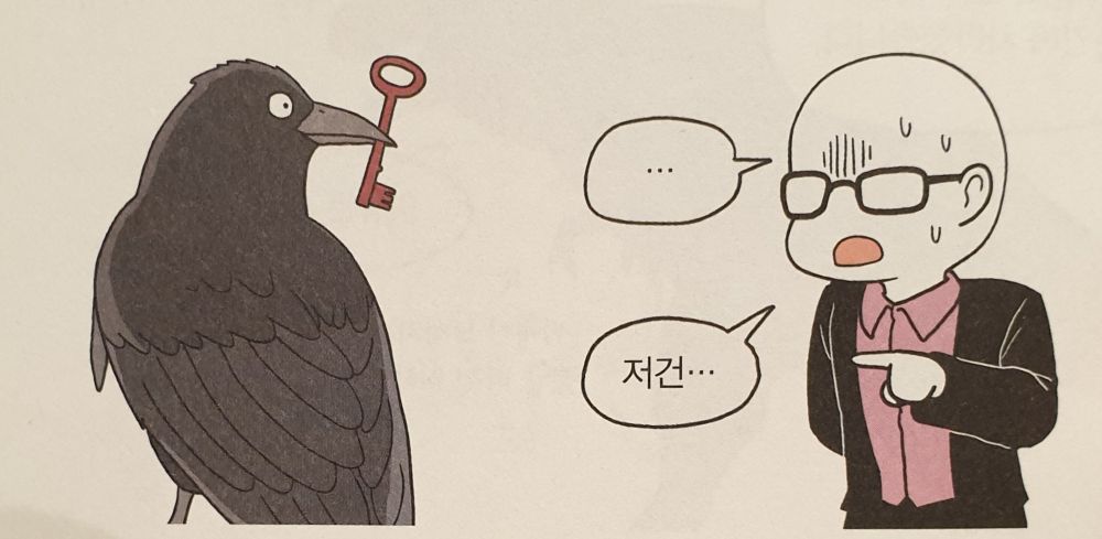 The Sci-hub crow with key at left, Kim reacting at right.