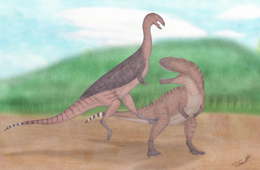 North African Cretaceous scene with large noasaurid kicking a carcharodontosaurid. 