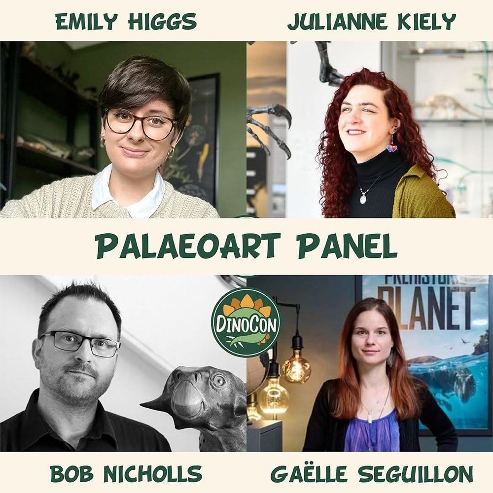 DinoCon promo image showing palaeoartists Higgs, Kiely, Nicholls and Seguillon. 
