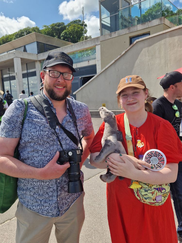 Darren, Phoebe and plush Paraceratherium.