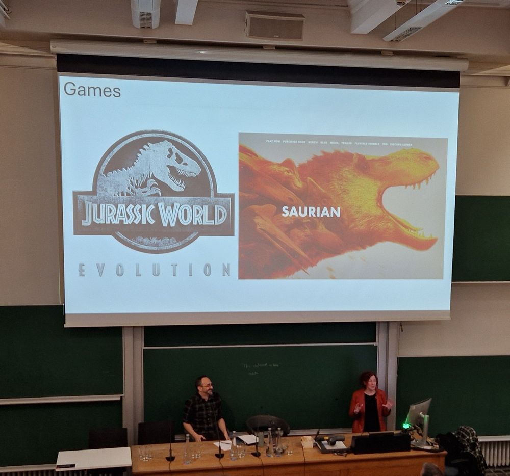 Lydon slide showing Jurassic World Evolution and Saurian images.