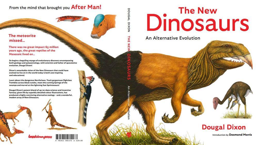 The New Dinosaurs new cover, showing animals from the book (most prominently a big Cutlasstooth) on white background.