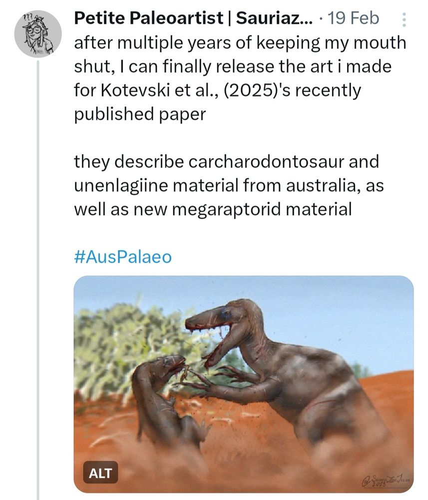 Screengrab of tweet discussing PP work appearing in Kotevski et al. technical paper, with art showing theropods in dispute.