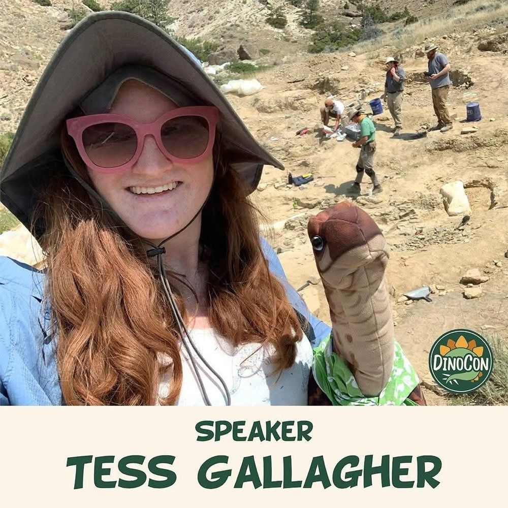 DinoCon promo image showing Tess Gallagher in the field... with puppet friend.