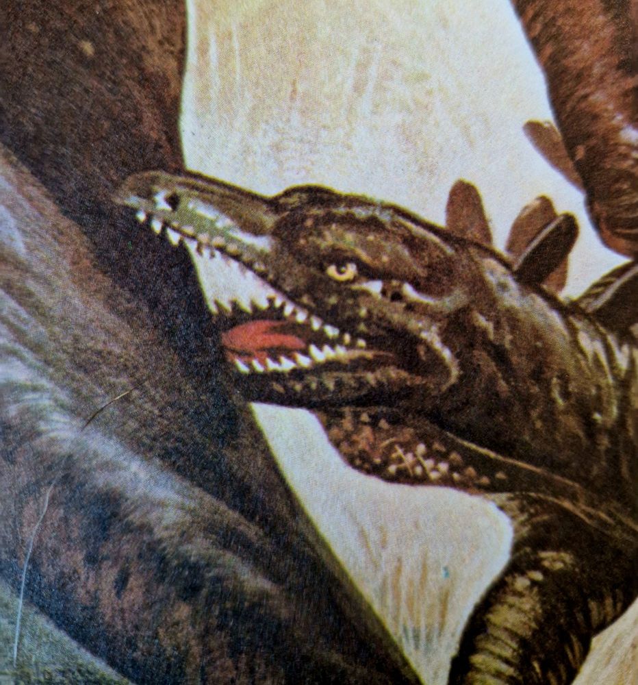 Sharp-toothed stegosaur biting tyrannosaur tail.