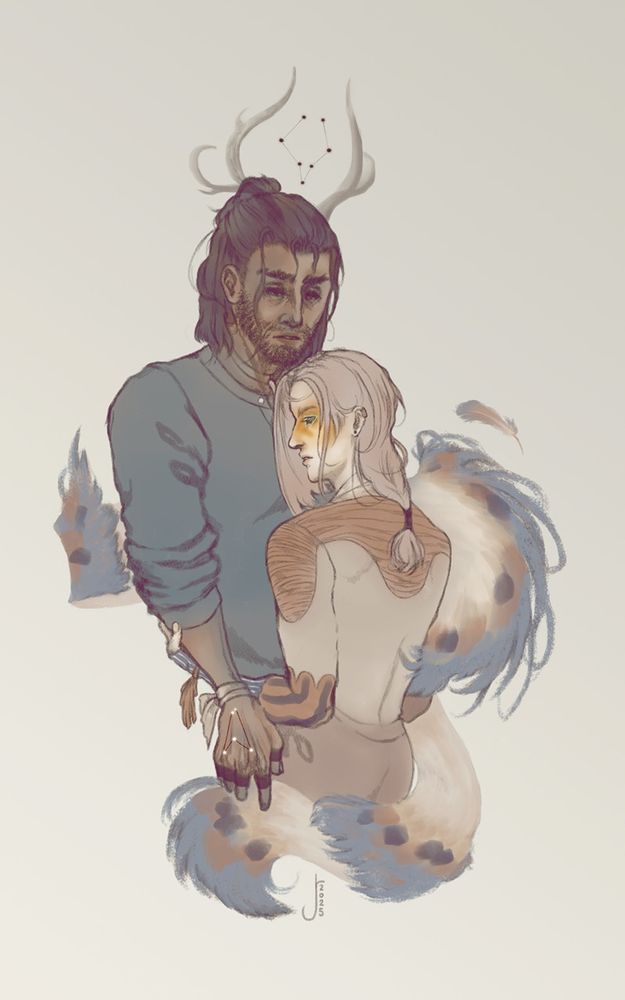 Two of my OCs; a man with very pale skin and ash-colored hair wears a scarf with colors and patterns resembling a mourning dove's plumage and touches the elbow of a dark-skinned man with dark hair and stars embedded in his hand. Two ghost-like antlers extend from the latter's head and surround the constellation of a deer.