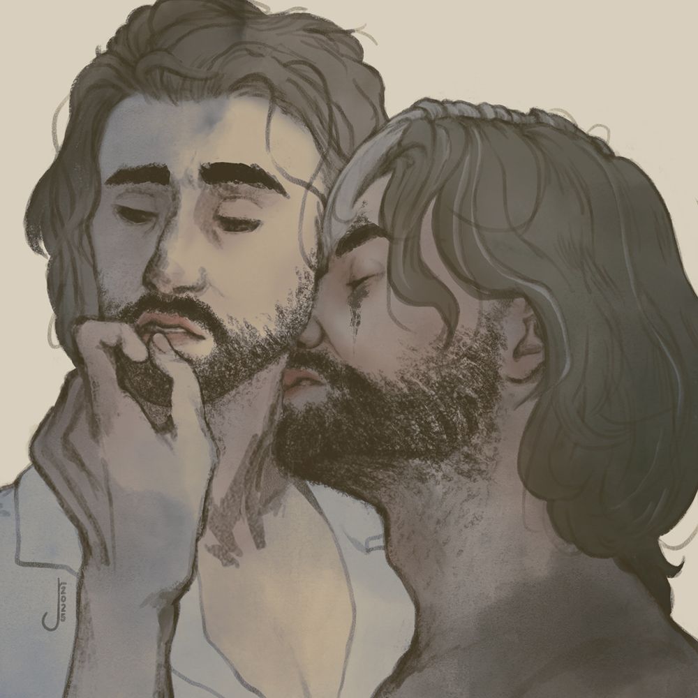 Verso kissing Gustave's neck and touching his lower lip