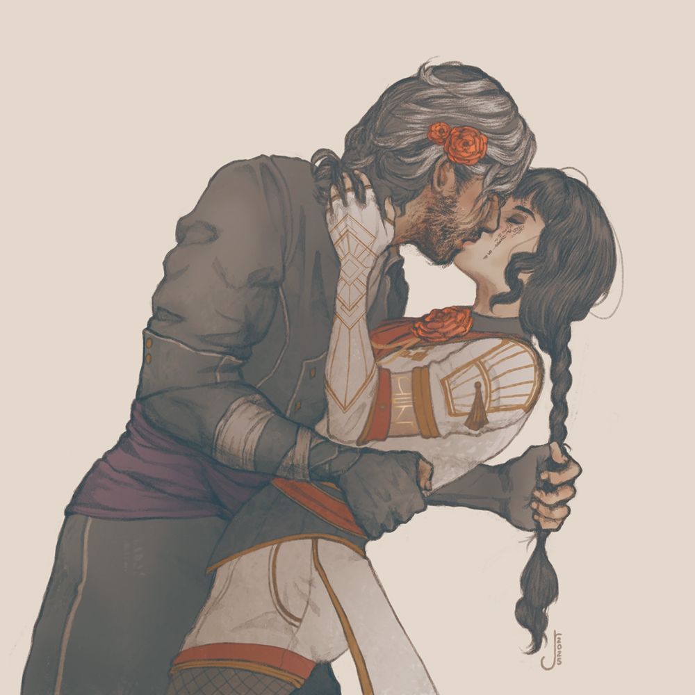 Verso and Lune kissing deeply. His hand holds her waist and his other hand tugs on her braid. Her fingers are entangled in his hair.