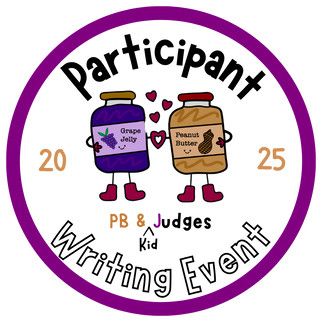 Participant badge for the 2025 PB and Kid Judges Writing Event, showing a jar of peanut butter and a jar of grape jelly holding a heart in between their hands. 