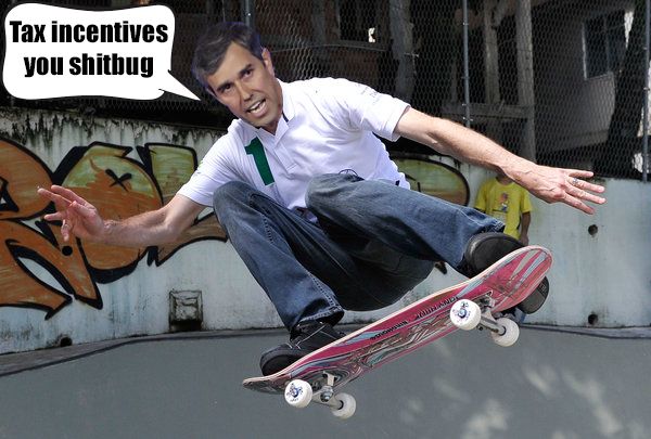 A photoshopped image of Beto O'Rourke doing a skateboard jump and saying, "tax incentives, you shitbug."