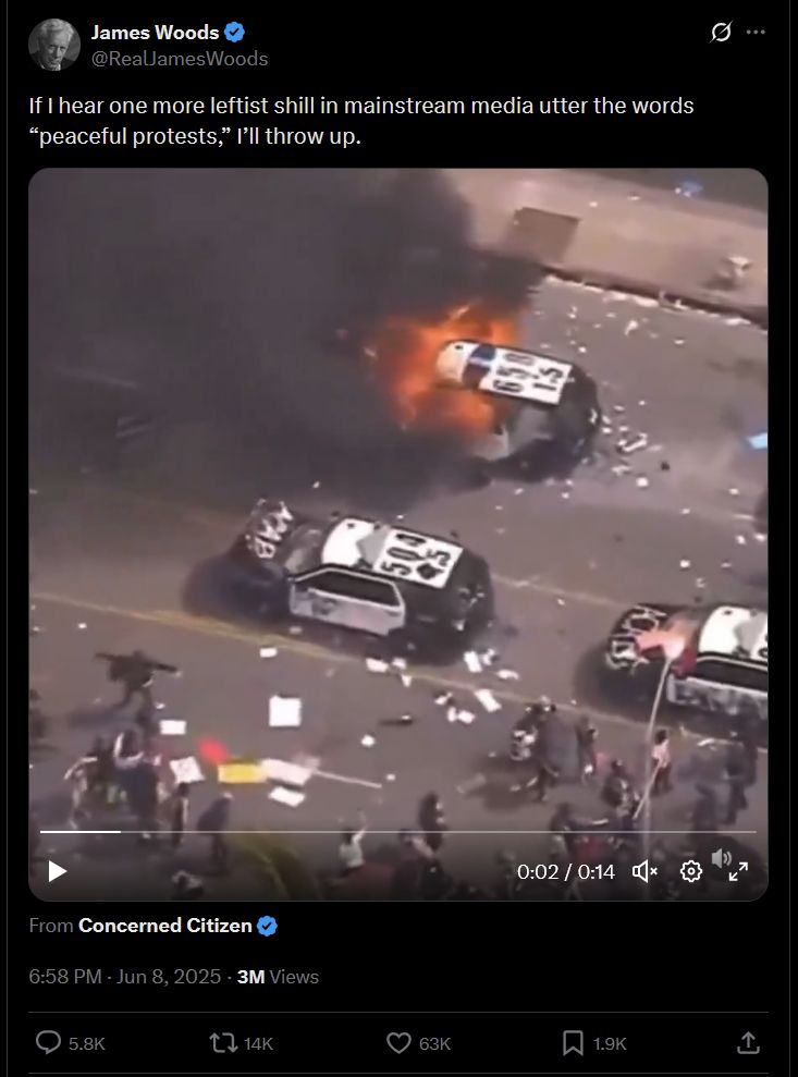 A tweet from James Woods showing 5-year old protest footage, with James Woods adding the commentary, 'If I hear one more leftist shill in mainstream media utter the words “peaceful protests,” I’ll throw up.'
