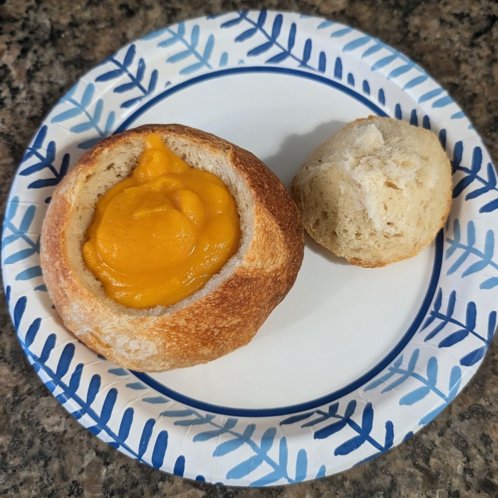 Butternut Squash soup in a bread bowl.