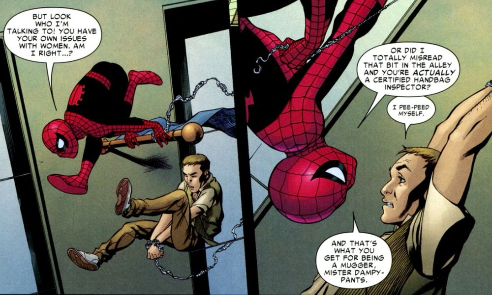 A mugger pees his pants after being apprehended by Spider-Man