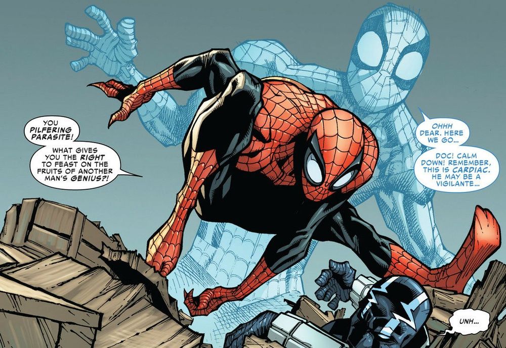 Superior Spider-Man says "You pilfering parasite! What gives you the right to feast on the fruits of another man's genius!"