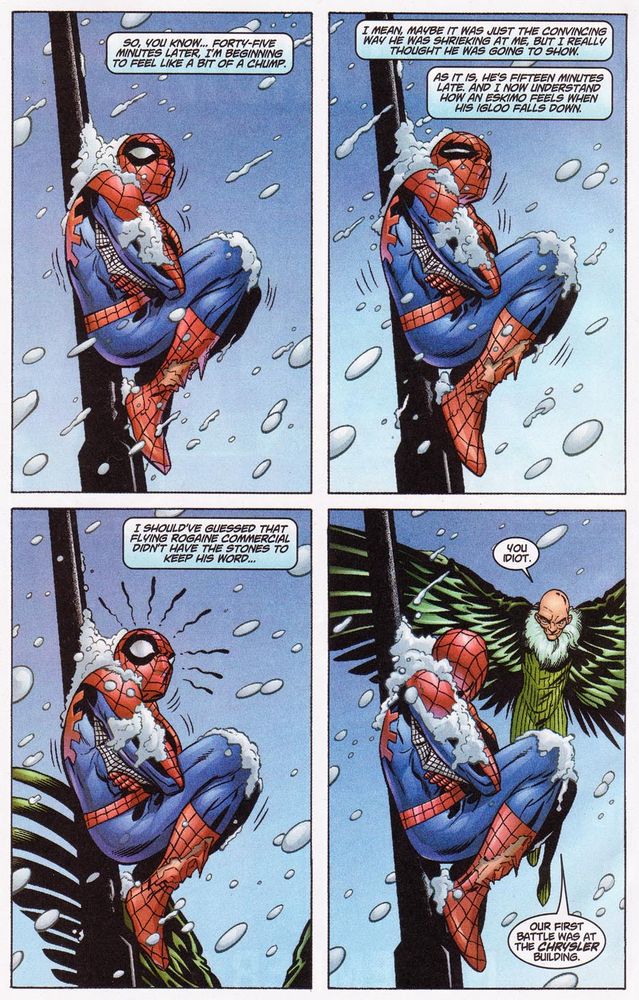 Spider-Man waits for the Vulture in the cold at the wrong building