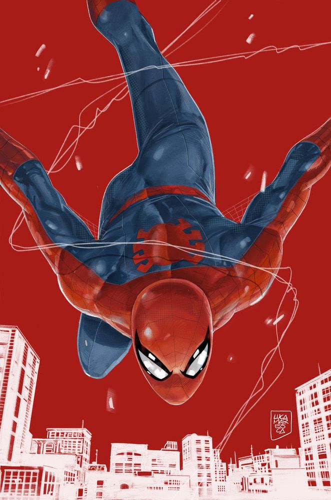 Spider-Man leaps downward on a red background