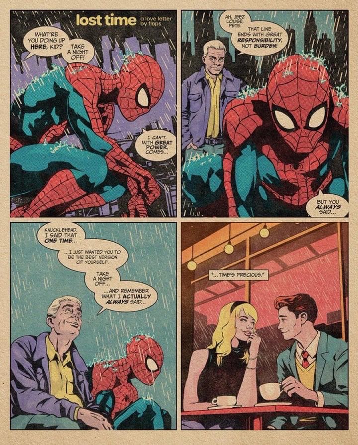 An apparition of Uncle Ben tells Spider-Man to take a night off; that time's precious. Peter enjoys a coffee with Gwen Stacy