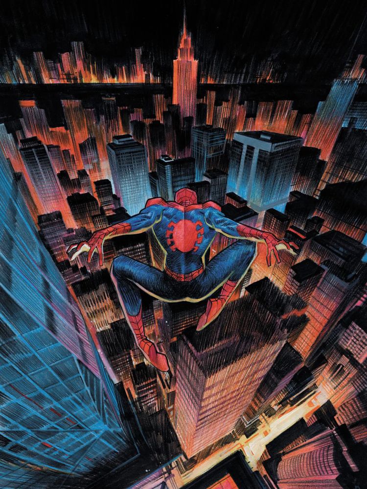 Spider-Man leaps from a building