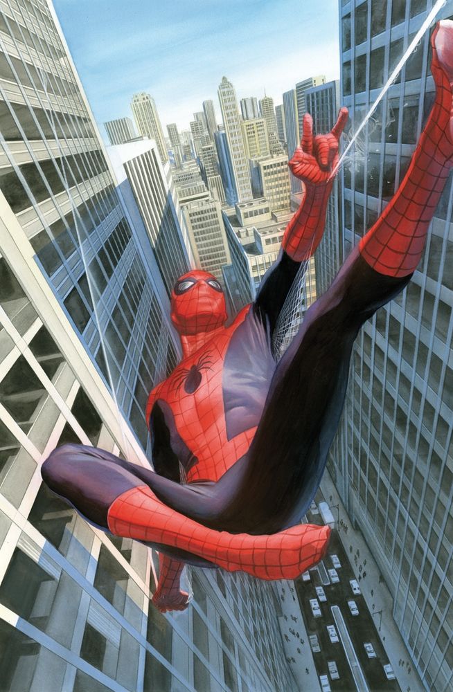 Alex Ross painting of Spider-Man swinging between skyscrapers