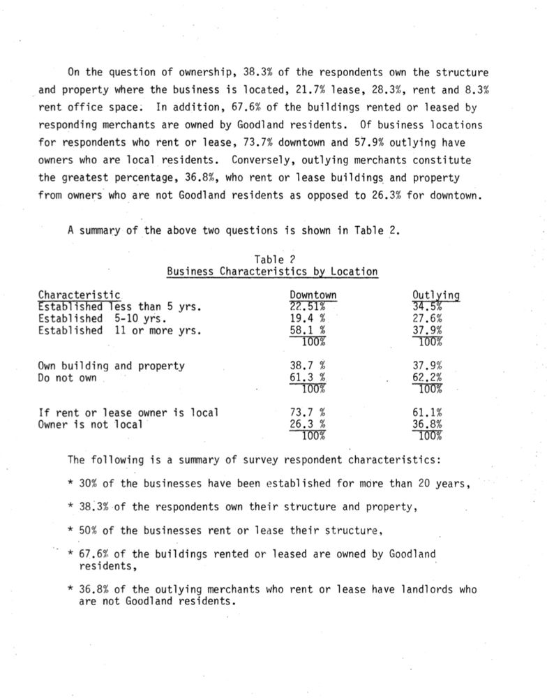 Typed excerpt from report that shows table 7 survey question on rent versus own, 38.7% own 61.3% rent
