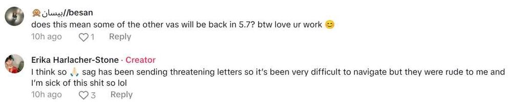 A fan asking Erika Harlacher (ENG VA of Venti from Genshin Impact) if any other ENG VAs are returning in 5.7 which Erika respond the fan with a statement that SAG AFTRA has been sending threatening letters to her and being rude as well.

Erika Harlacher also said she is sick of everything going on with this wildcat strike which it is illegal in the US.