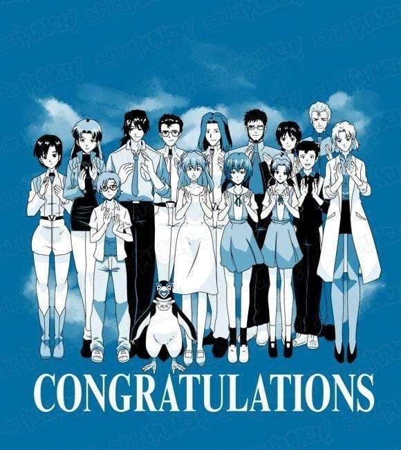 A blue tinted picture of the cast of Neon Genesis Evangelion standing in applause towards the viewer, with the word ‘congratulations’ written underneath them. 