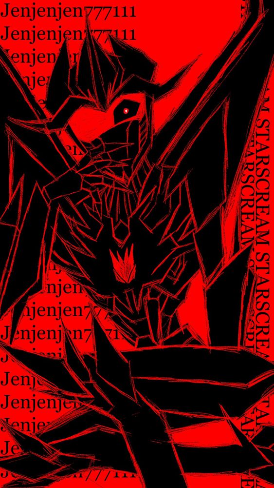 A quirked-up Starscream with a red background and his name on the right.