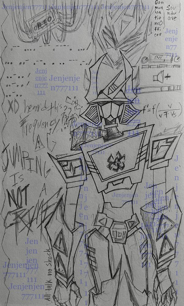 Artwork inspired by the thumbnail for Hazy Moon Jumpstyle by PHXKHXNG, ICEDMANE, and DYSMANE. Artwork depicts a heavily stylized Soundwave (Transformers) and a few background elements. Writing in the background reads, "All talk no shock; JUMPING IS NOT A CRIME; XD; Heard this frequency???????; (in Morse code) who's superior ? ? ?; Communications Officer Soundwave; and f = f(v / v + vs)".