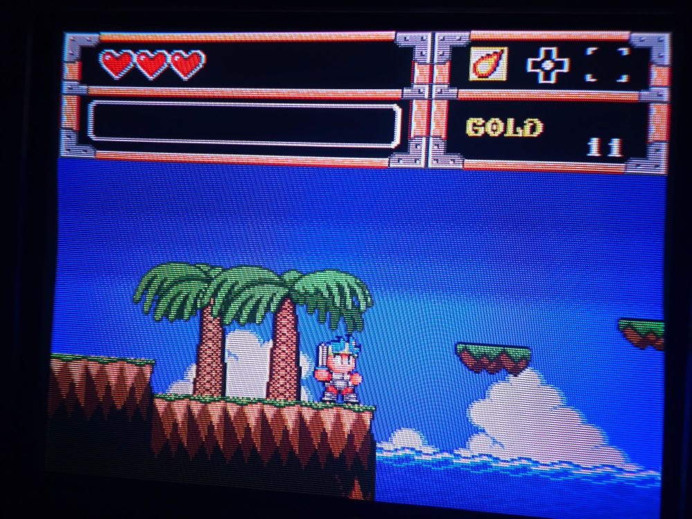 sega genesis/mega drive game, wonder boy in monster world, main character is a blue haired swordsman and he's standing on a cliffside by the ocean