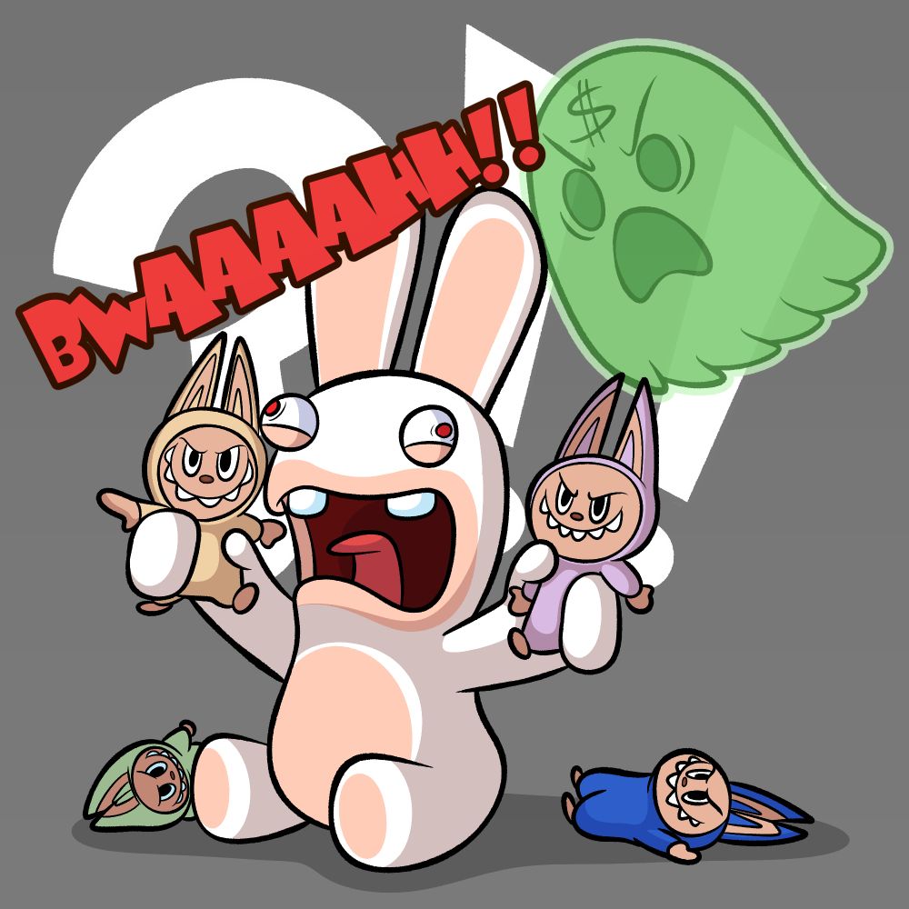 A Rabbid screaming over Labubus, implying that it did not get the color it wanted. The Money Ghost berated the Rabbid.