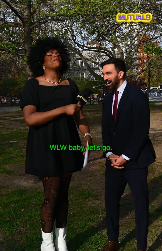 Screenshot from Anania Williams's 'Gaydar' show in which she interviews Zohran Mamdani and he yells "WLW baby, let's go" after being able to name the dyke bar Cubbyhole