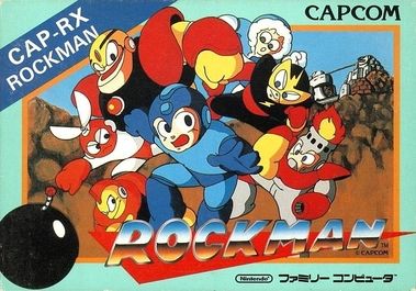 Japanese cover for the first Rockman (Mega Man) features the titular blue boy and his various enemies.