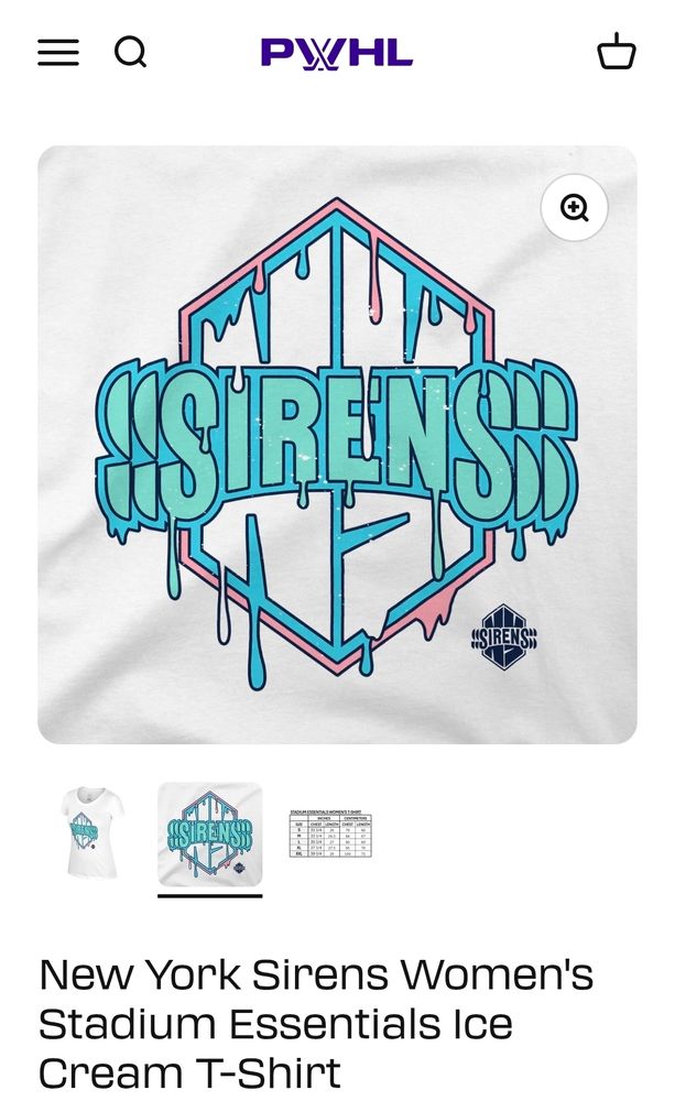 NY Sirens official merch page shows a shirt with the Sirens logo dripping with pink, blue, and white