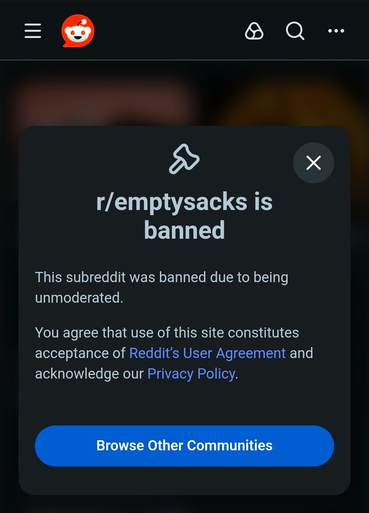 Screenshot from Reddit.

A popup declares that r/emptysacks is banned.

"This subreddit was banned due to being unmoderated.

You agree that use of this site constitutes acceptance of Reddit's User Agreement and acknowledge our Privacy Policy."

A button tells you to browse other communities 