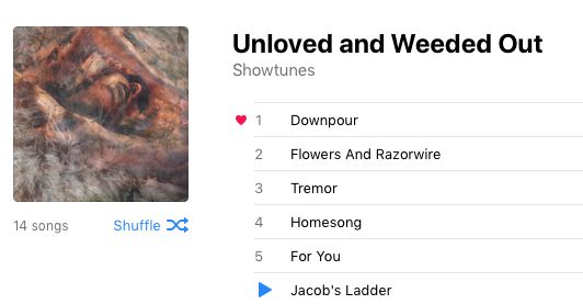 Screenshot from iTunes showing Converge's 'Unloved and Weeded Out' with the genre 'showtunes' listed below the album title.
