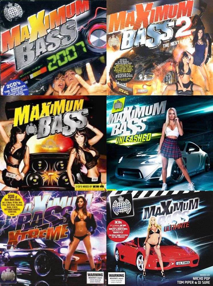 Fuck, writing alt text for this is gonna be a trip. Fuck, I can't do it all. Ummm a collage of 6 album covers for MAXIMUM BASS compilations of various levels of extreme. They all have sports cars and ladies in bikinis. They are SO LOUD.