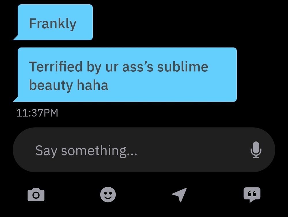 Grindr messages received:

"Frankly"
"Terrified by ur ass's sublime
beauty haha"