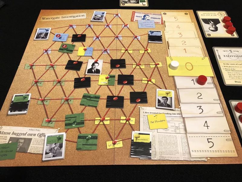 A photo from BGG of the game board of Watergate. It depicts a win for the journalists and a loss for Nixon