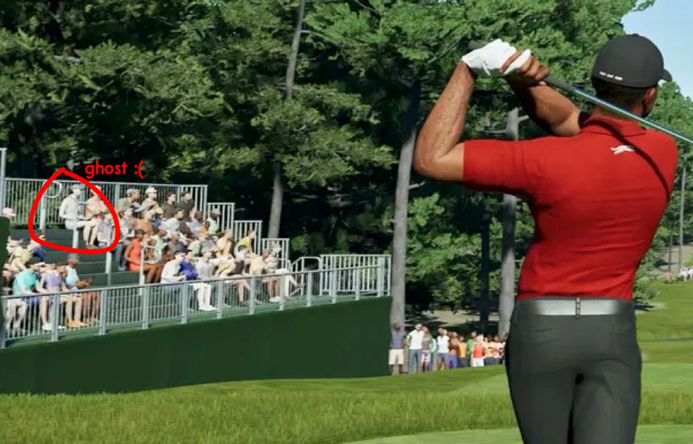 A zoom in of the audience in PGA Tour 2K25 that shows someone in an all-grey outfit with skin which is just as grey. This clearly shows that they are a ghost who has apparated to haunt Tiger for past sins. It is an exercise left to the reader to guess which sins have caused Tiger Woods to be so haunted.