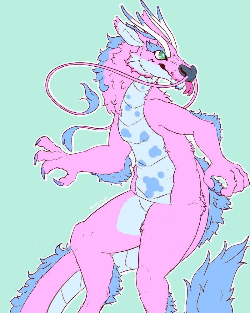 Soap, an eastern dragon fursona. He has pink and light blue fur, with long whiskers.