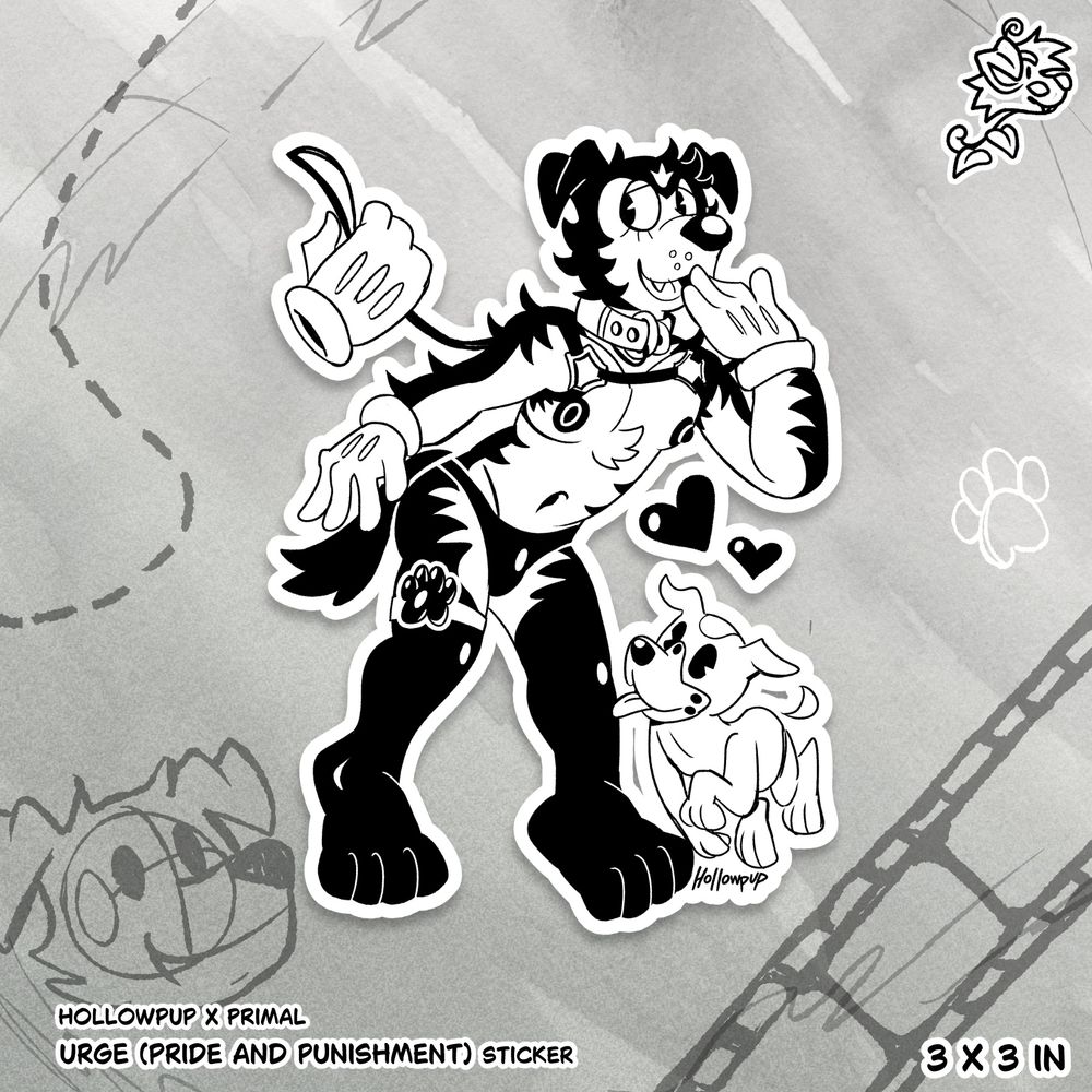 A sticker of Primal pup party's mascot Urge in a rubberhose animation style. From the May party, "Toonhound"