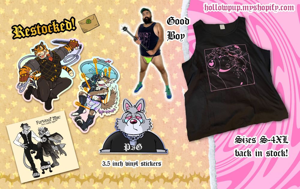 A graphic featuring my restocked stickers, and also restocked black "GOOD BOY" tank tops. There's also a little picture of my boyfriend Devin holding a mace in a jock wearing the tank.